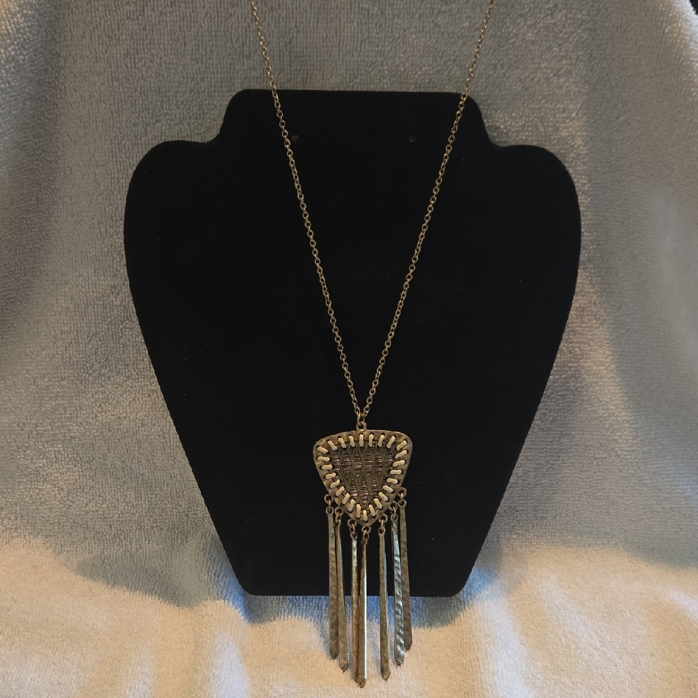30" Gold Woven Pendant Necklace with Metal Tassels